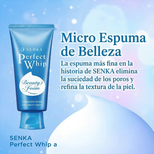 Gráfico de SENKA Perfect Whip con el tubo azul y una explicación en español sobre la espuma.