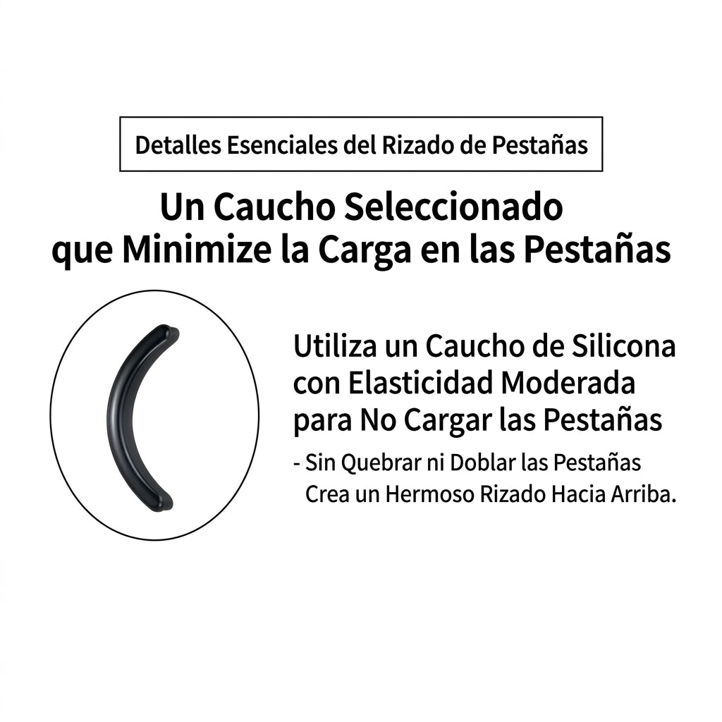 Ilustración de un repuesto para rizador de pestañas con una explicación en español sobre su material.