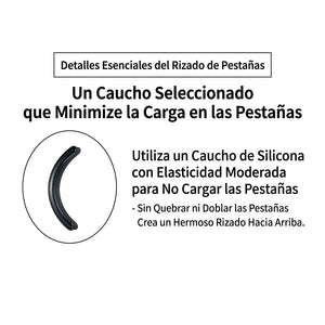 Ilustración de un repuesto para rizador de pestañas con una explicación en español sobre su material.